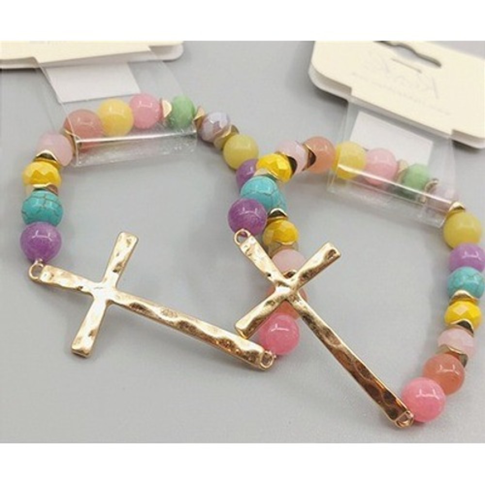 2 Cross‎ Gold Tone Bracelet Beaded Sideway Hammered Stretch Gift